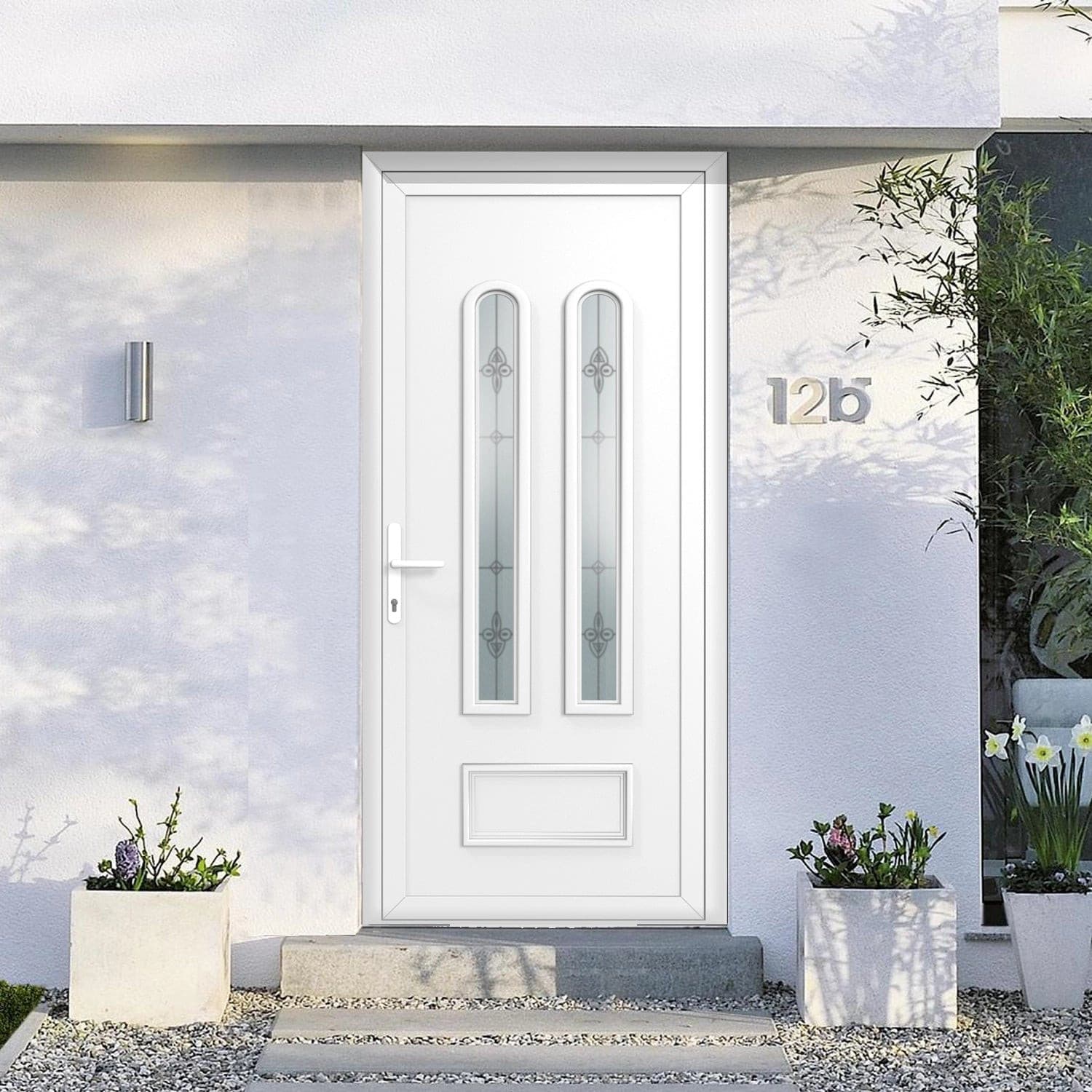 Porte d'entrée PVC vitrée sur-mesure -2 carreaux vitrage satiné et finition dentelle - 3 coloris disponibles : Blanc/Gris anthracite/Chêne doré - vitrage Mandalin