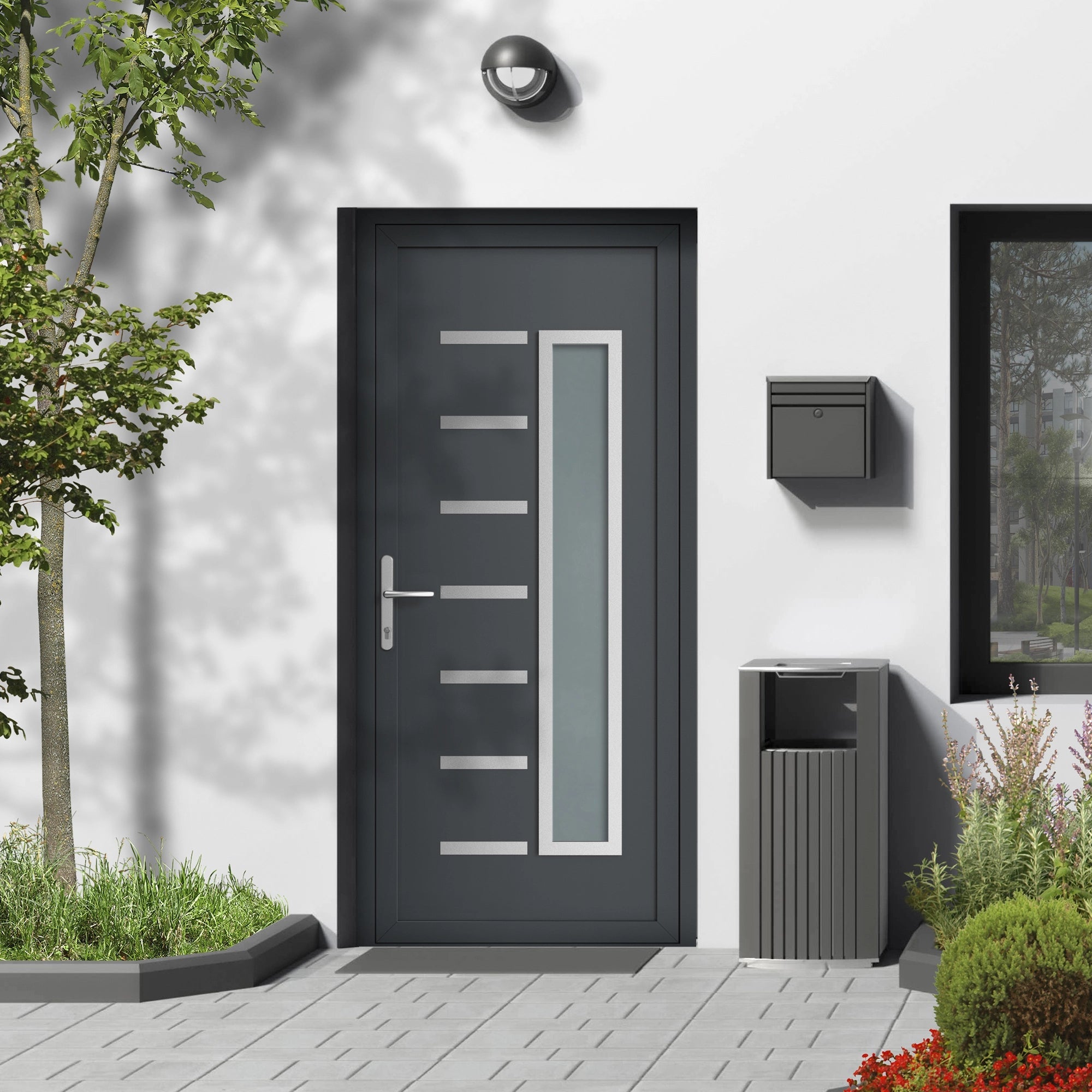 Porte d'entrée vitrée sur-mesure en aluminium - 1 grand carreau diagonale, finition inox brossé, vitrage satiné - Blanc / Noir / Inox naturel / Gris anthracite
