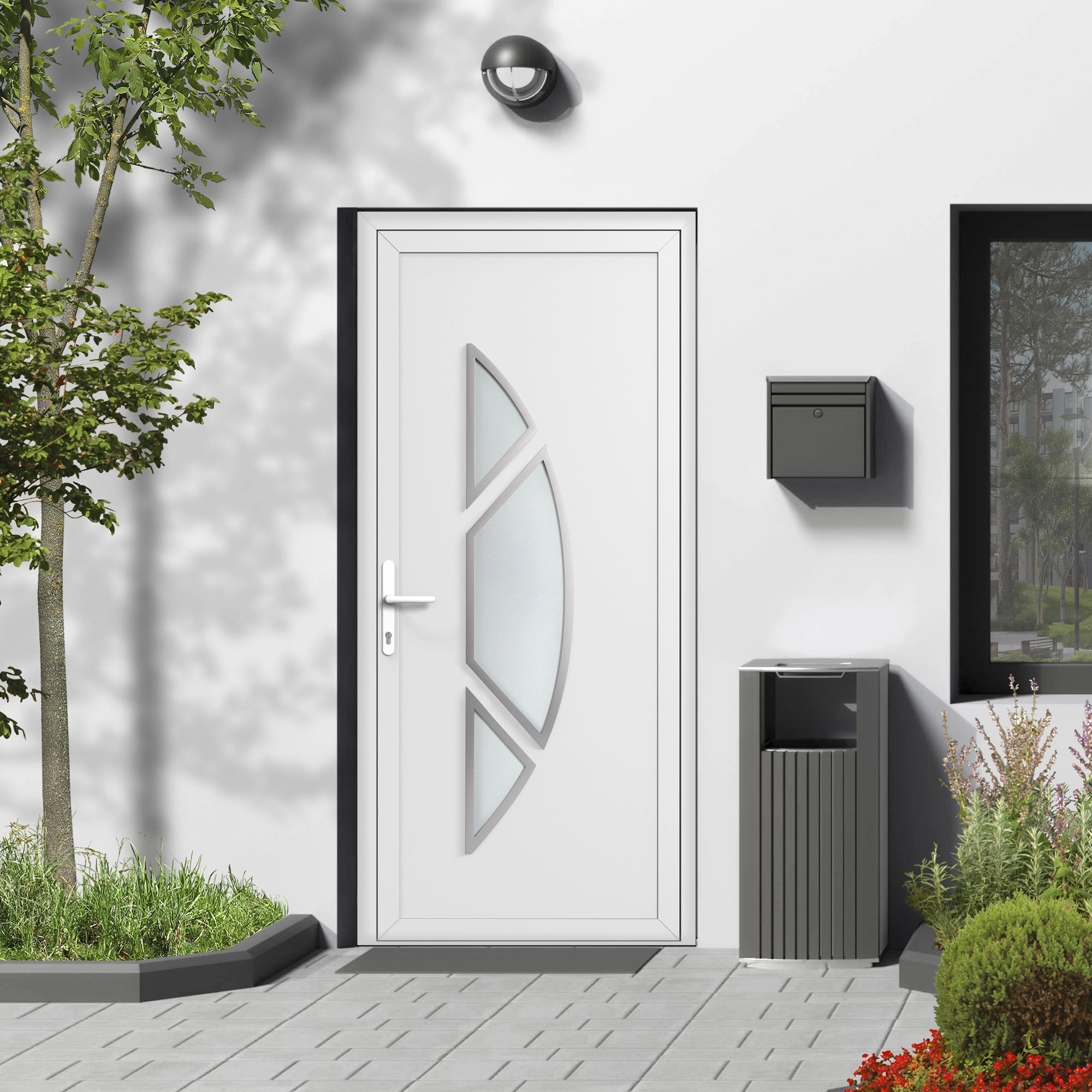 Porte d'entrée vitrée PVC blanc - 3 carreaux demi lune vitrage satiné contour Inox  H 218 x L 96 cm