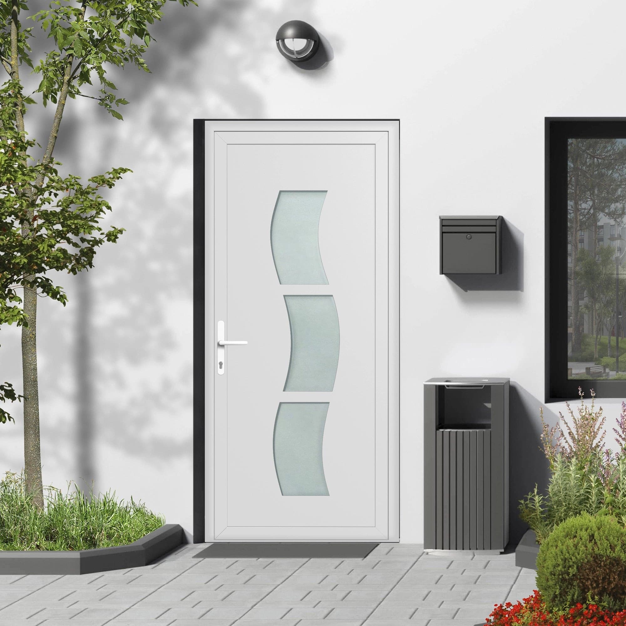 Porte d'entrée PVC vitrée sur-mesure - 3 carreaux vagues vitrage Satiné - Blanc/Gris anthracite/Chêne doré