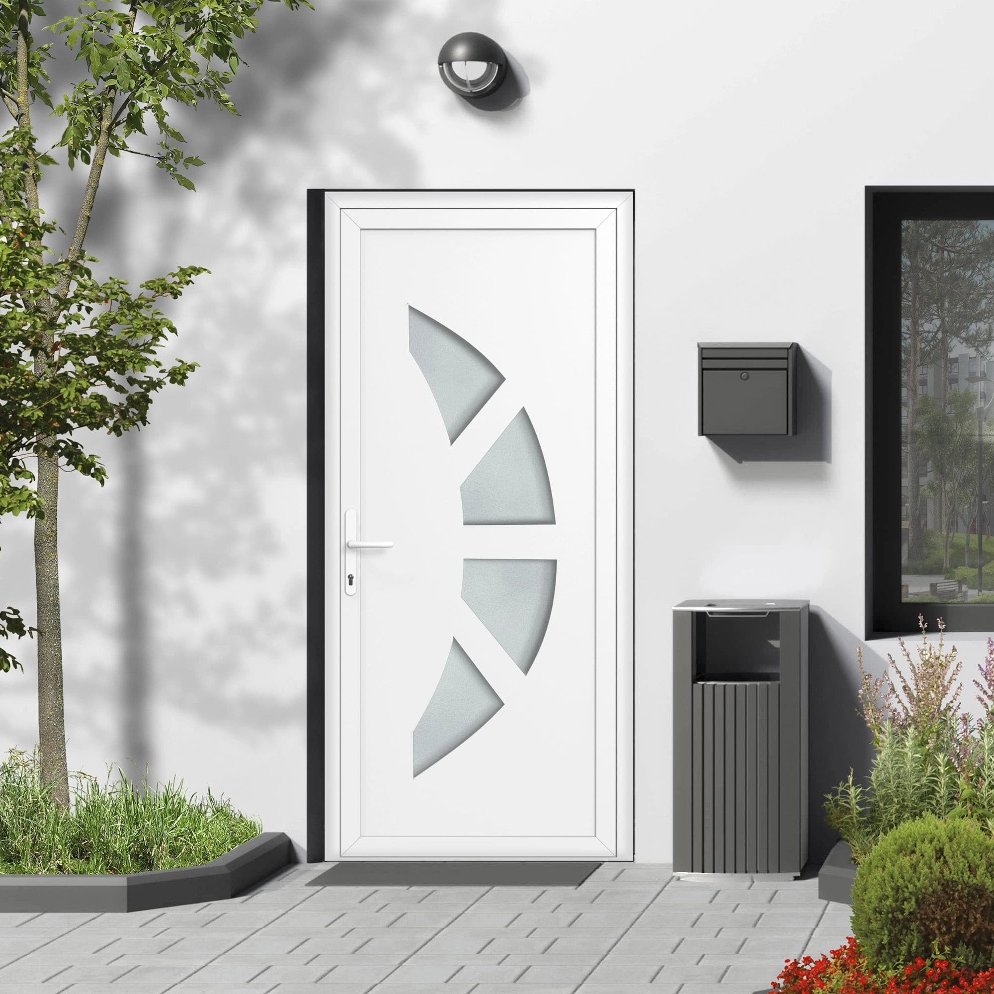 Porte d'entrée PVC vitrée sur-mesure - vitrage Satiné 4 carreaux - Blanc/Gris anthracite/Chêne doré