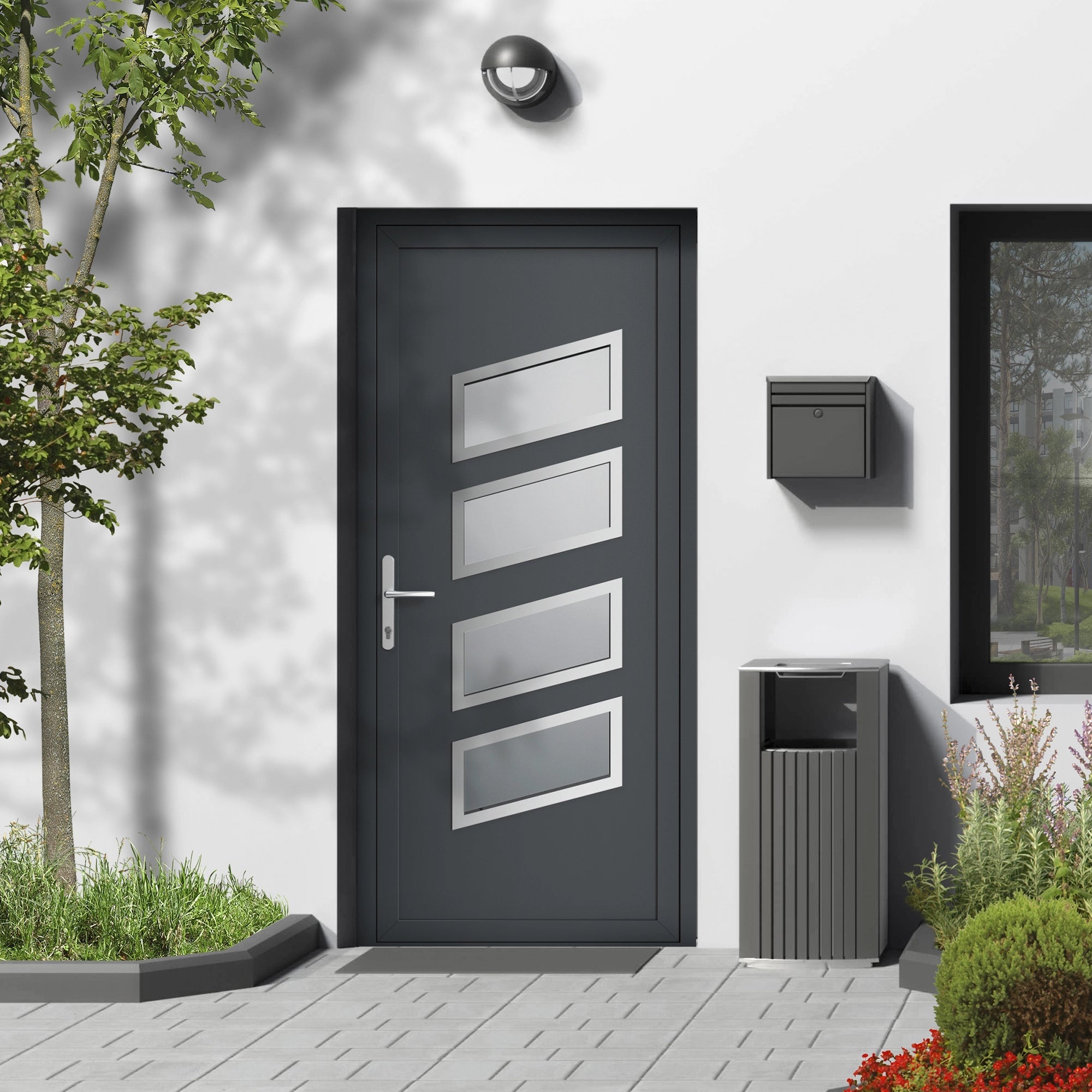 Porte d'entrée vitrée sur-mesure en aluminium - 4 carreaux rectangulaires, finition inox brossé, vitrage satiné - Blanc / Noir / Inox naturel / Gris anthracite