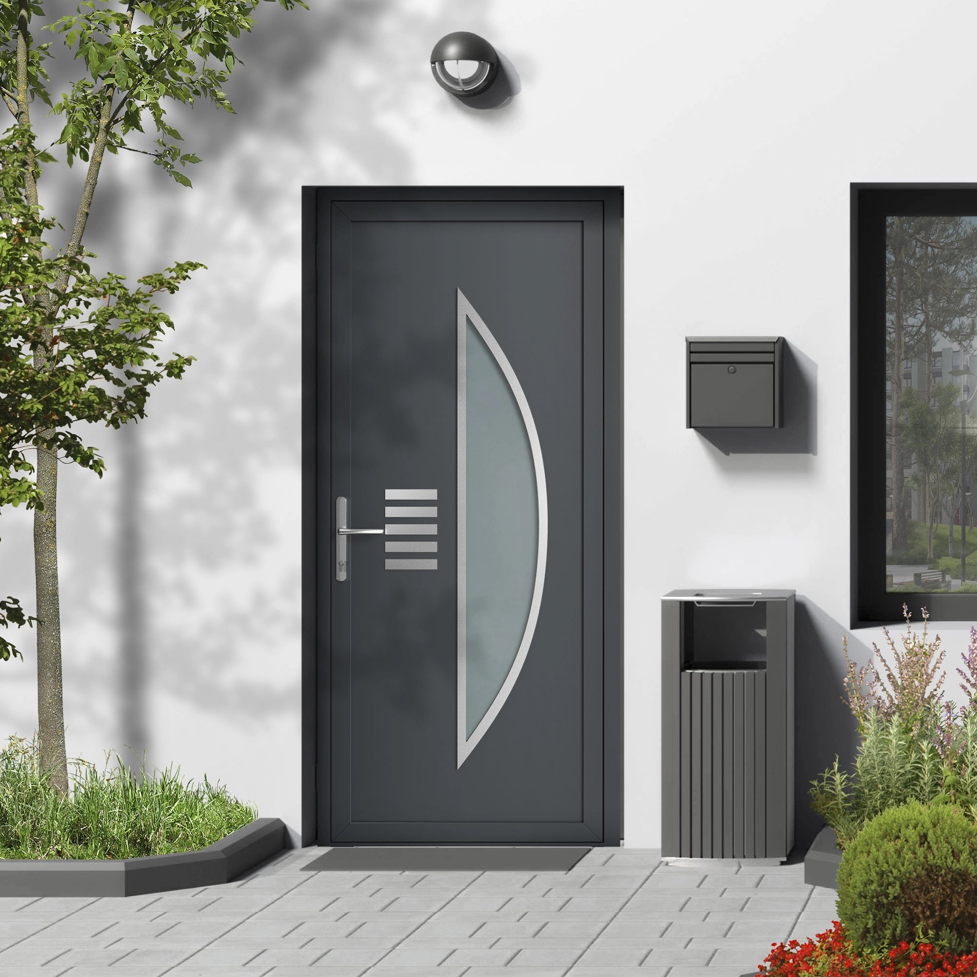 Porte d'entrée vitrée sur-mesure en aluminium - 1 carreau demi lune +5 lignes horizontales, finition inox brossé, vitrage satiné - Blanc / Noir / Inox naturel / Gris anthracite