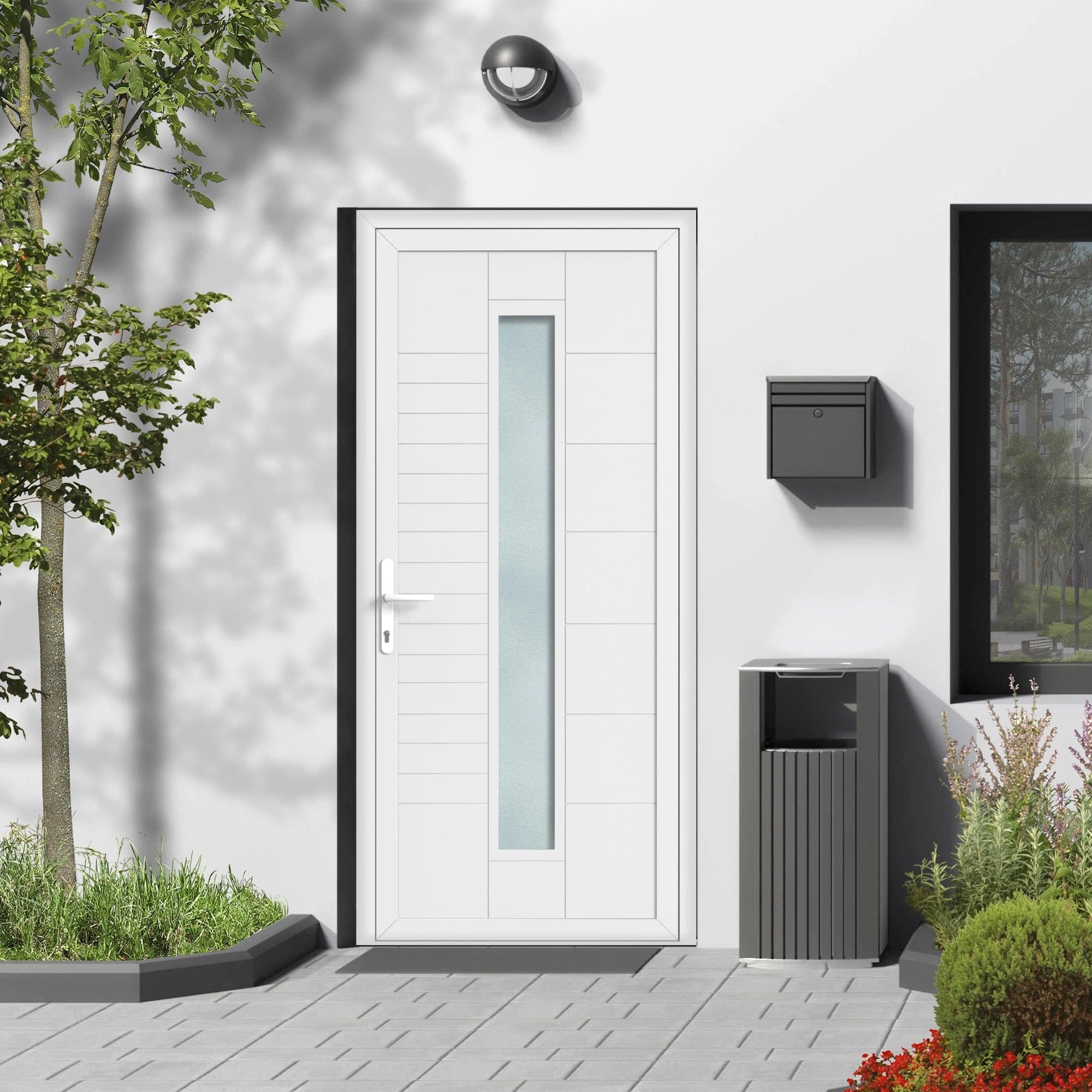 Porte d'entrée PVC vitrée sur-mesure  1 grand carreau vertical vitrage mandalin - Blanc/Gris anthracite/Chêne doré